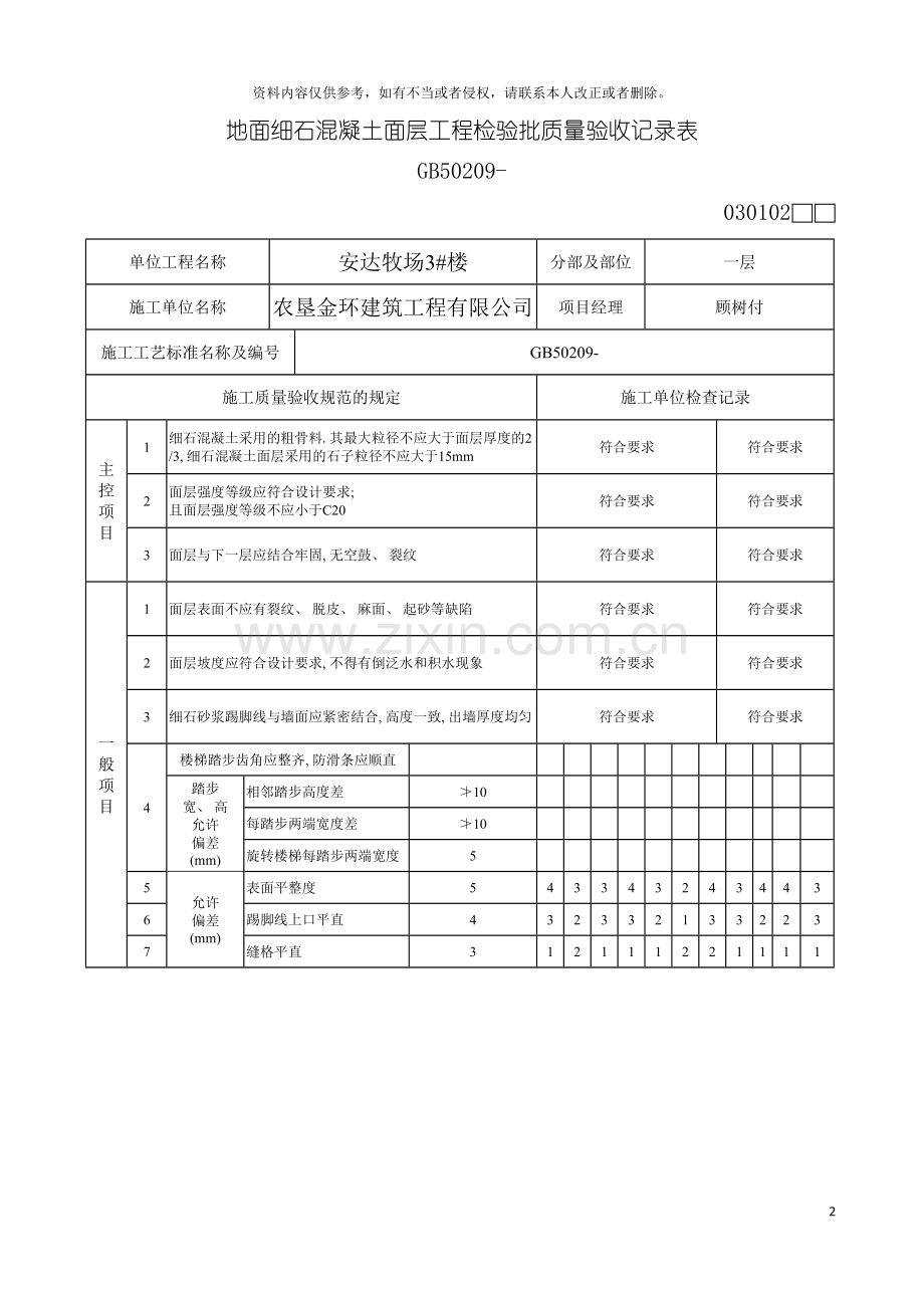 地面水泥混凝土面层工程检验批质量验收记录表模板.doc_第2页