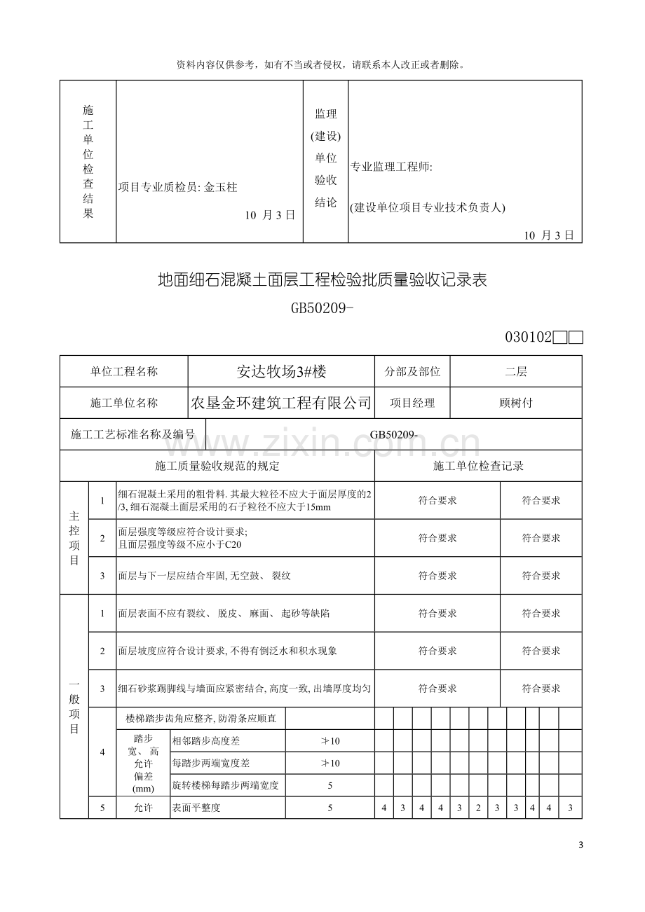 地面水泥混凝土面层工程检验批质量验收记录表模板.doc_第3页