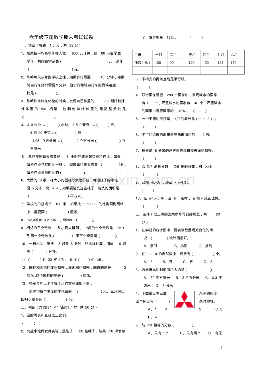 六年级下册数学期末考试试卷.pdf_第1页