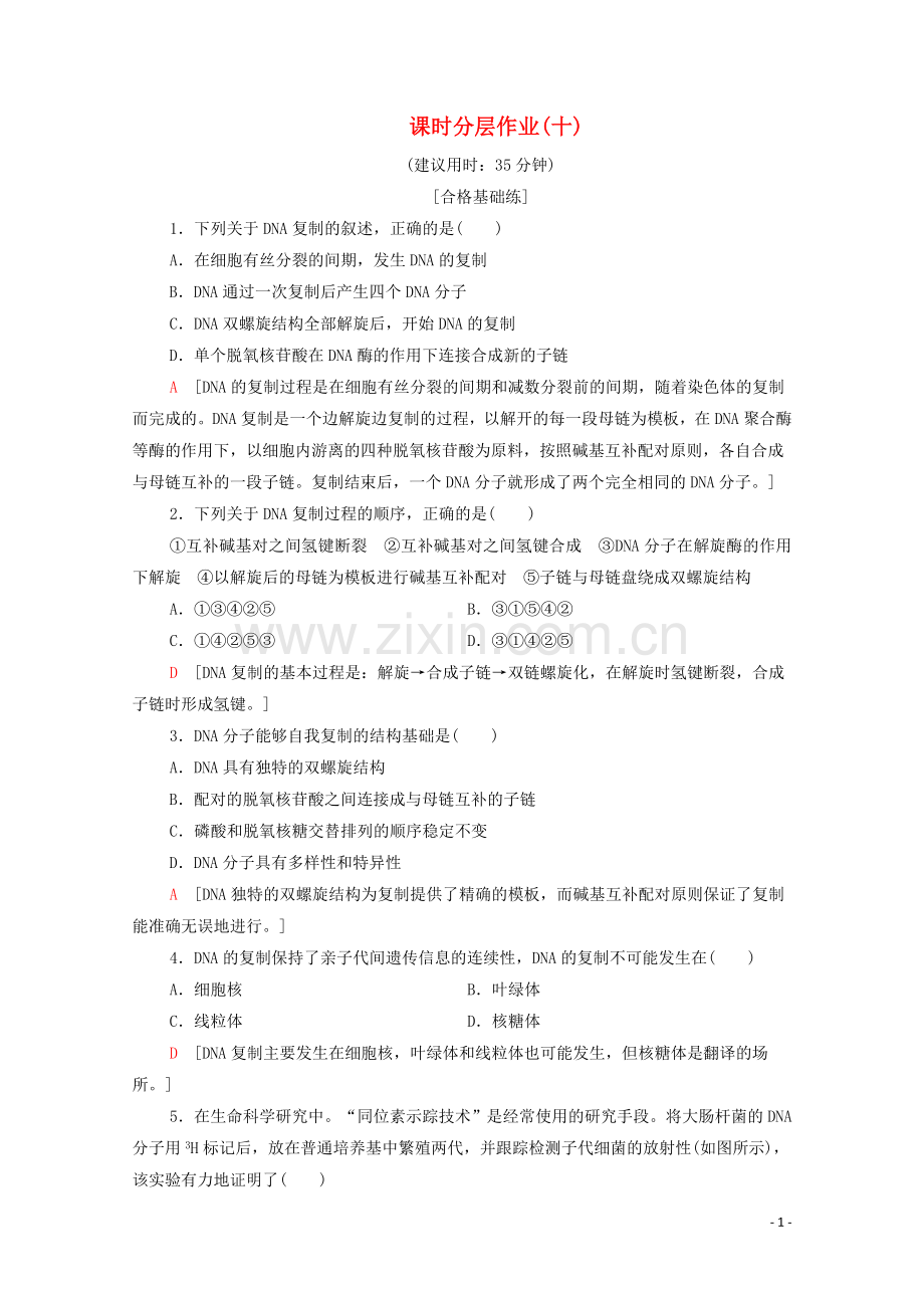 2019_2020学年新教材高中生物课时分层作业10DNA的复制基因通常是有遗传效应的DNA片段新人教版必修第二册.doc_第1页