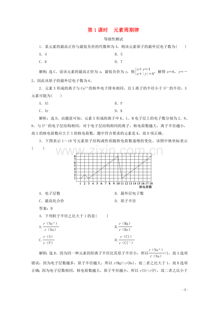 2019_2020学年新教材高中化学第一章原子结构元素周期律第二节元素周期律和元素周期表第1课时元素周期律等级性测试鲁科版必修第二册.doc_第1页