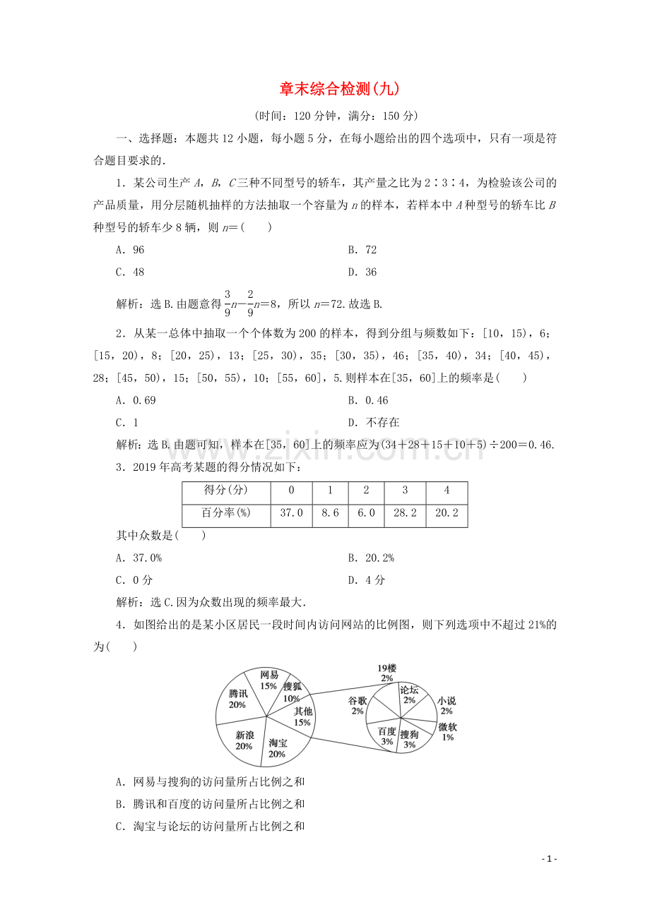 2019_2020学年新教材高中数学第九章统计章末综合检测九新人教A版必修第二册.doc_第1页