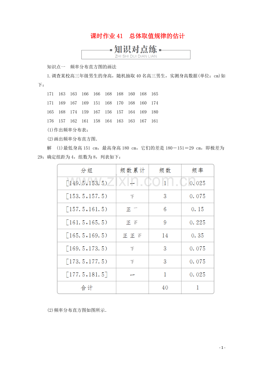 2019_2020学年新教材高中数学第9章统计9.2用样本估计总体课时作业41总体取值规律的估计新人教A版必修第二册.doc_第1页