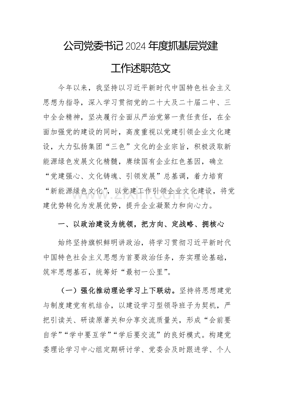 公司党委书记2024年度抓基层党建工作述职范文.docx_第1页