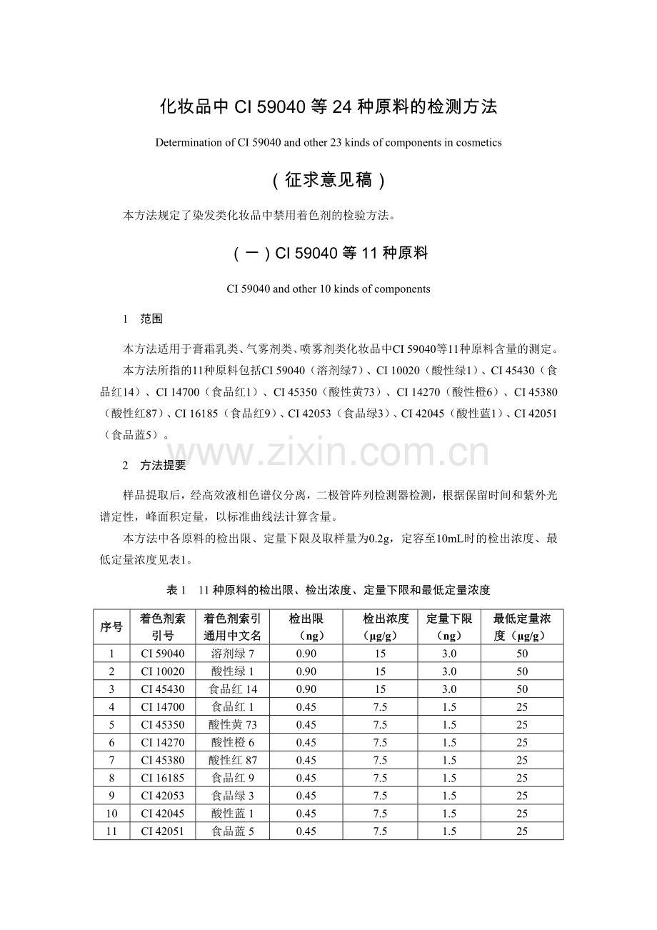 化妆品中CI59040等24种原料的检测方法（征求意见稿）及起草说明.docx_第1页