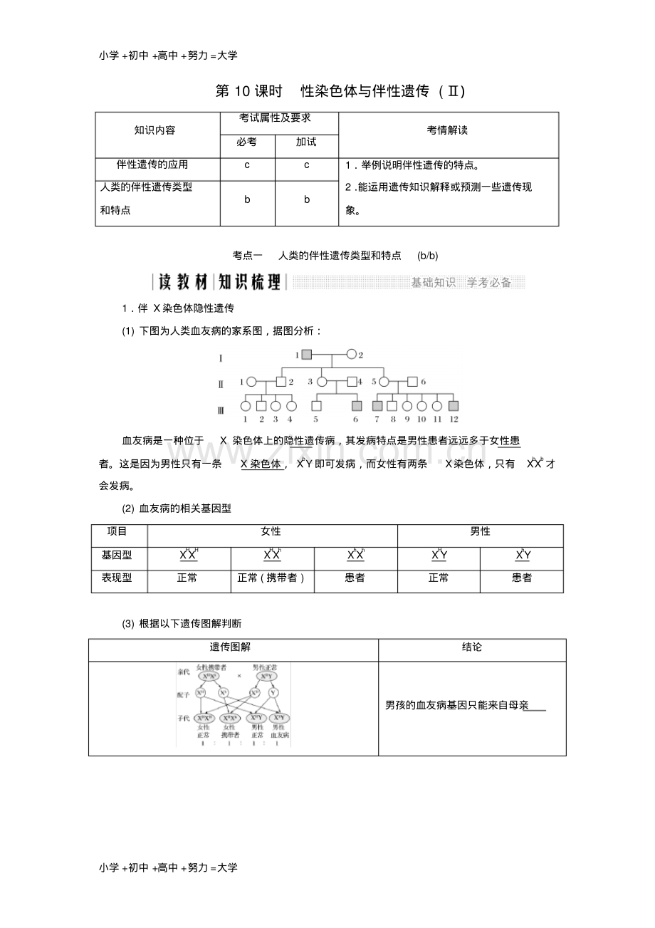 高中生物第二章染色体与遗传第10课时性染色体与伴性遗传Ⅱ同步备课教学案浙科版必修2.pdf_第1页