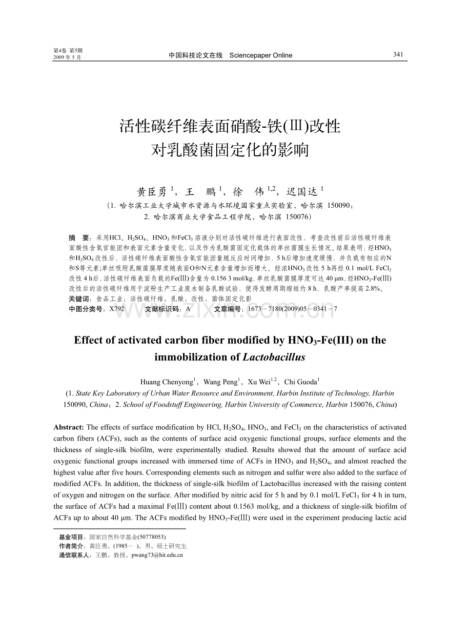 活性碳纤维表面硝酸-铁（Ⅲ）改性对乳酸菌固定化的影响.pdf_第1页