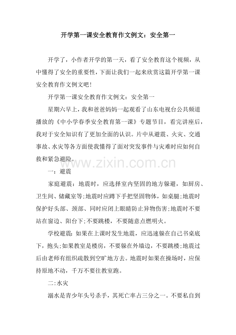 开学第一课安全教育作文例文：安全第一.docx_第1页