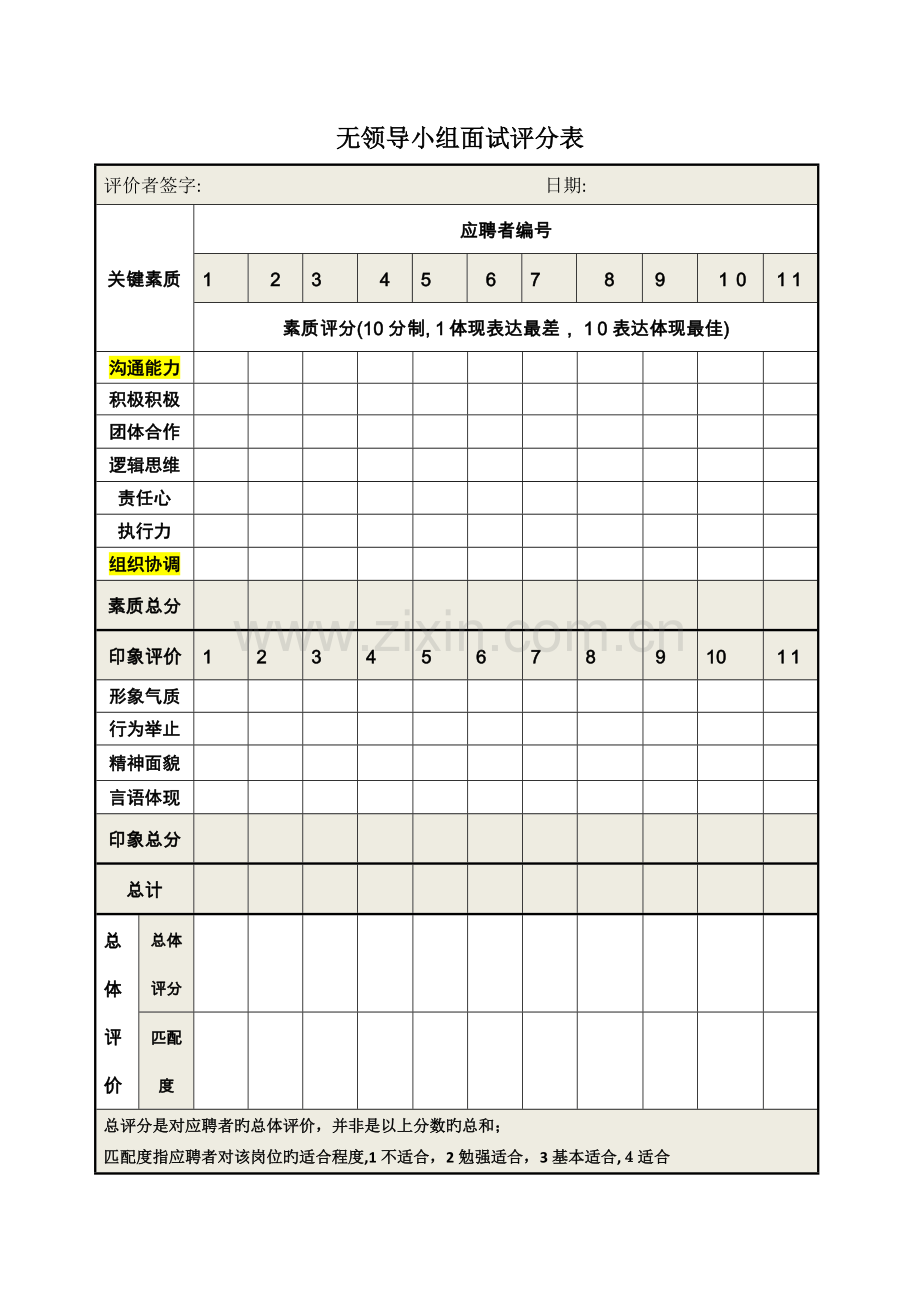 2023年无领导小组面试评分表模板.doc_第1页