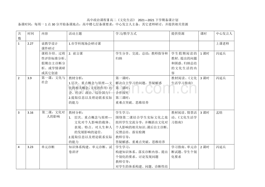 9-3高中政治课程Ⅱ高二2022—2022下学期备课计划.docx_第1页