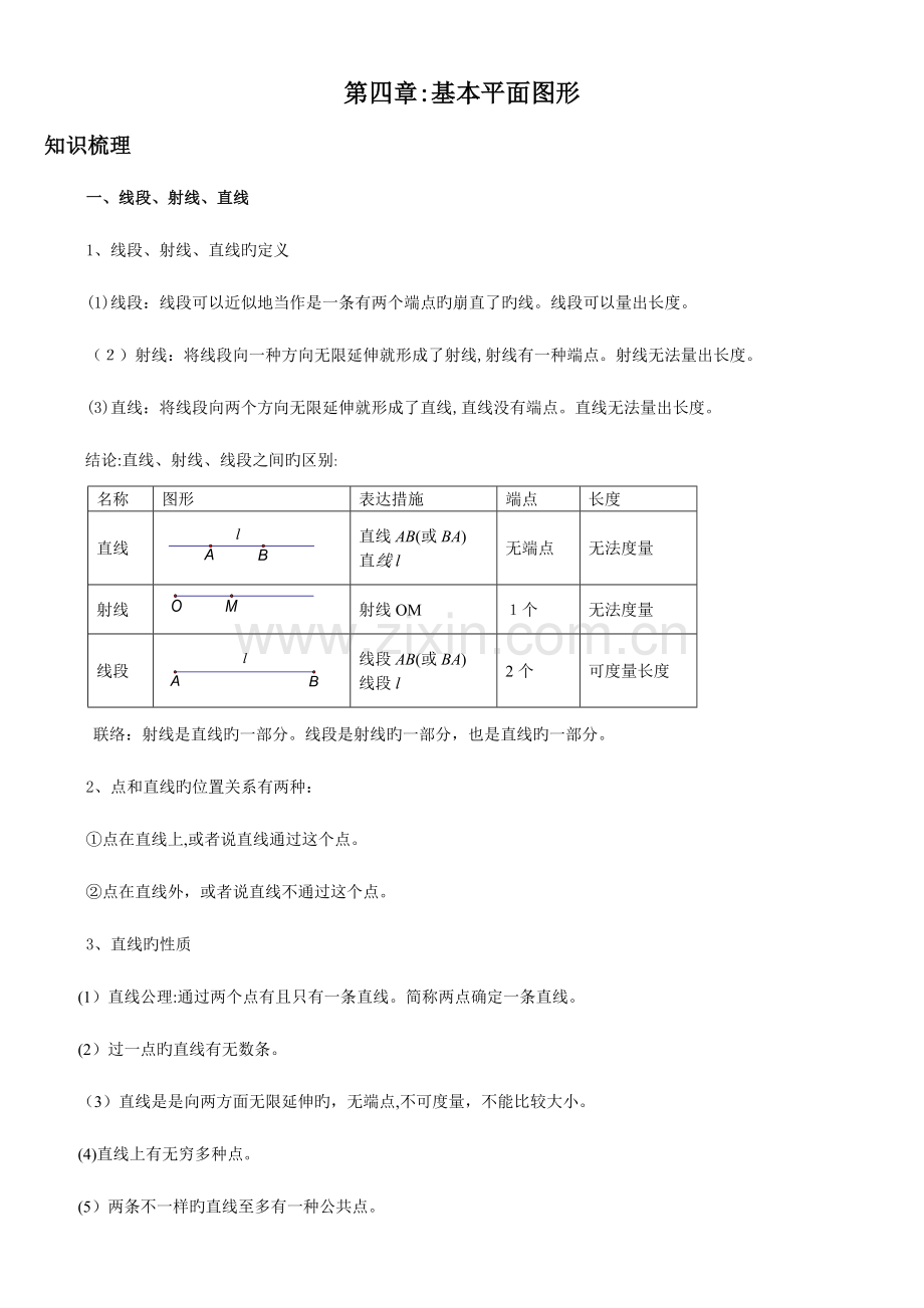 2023年北师大版七年级数学上册第四单元基本平面图形知识点.doc_第1页