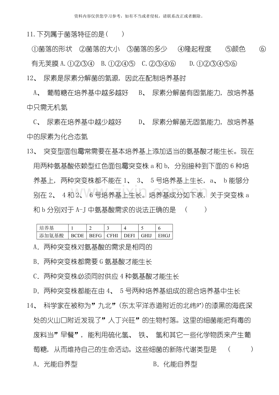 苏教版试题试卷选修生物技术实践专题训练模板.doc_第3页