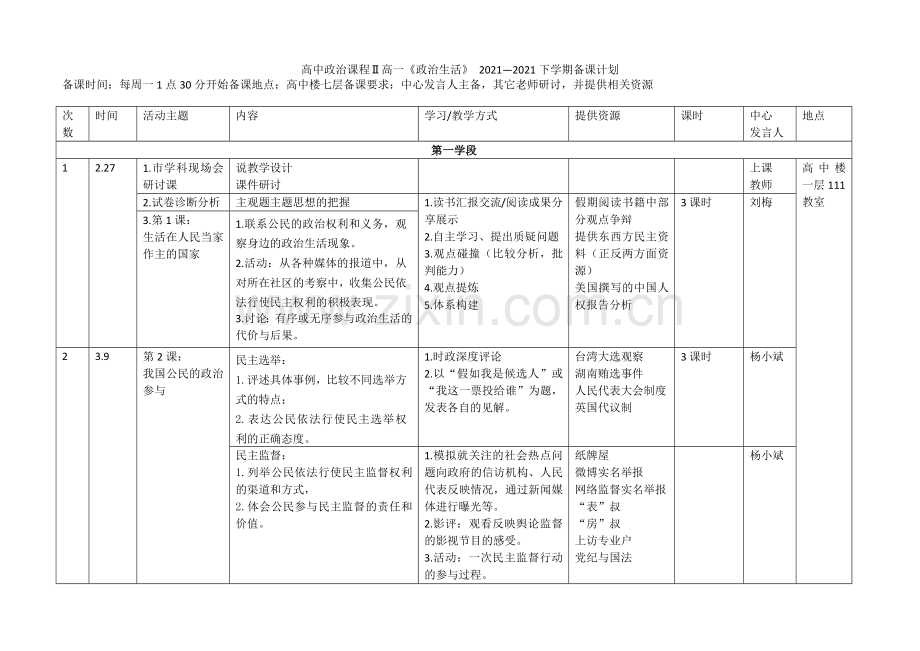 9-2高中政治课程Ⅱ高一2022—2022下学期备课计划.docx_第1页