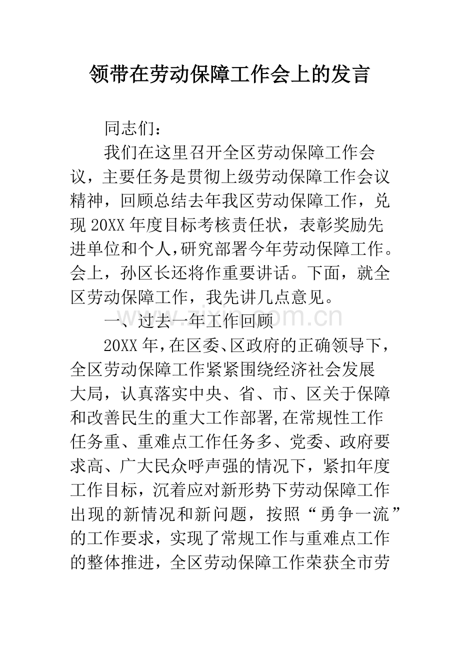 领带在劳动保障工作会上的发言.docx_第1页