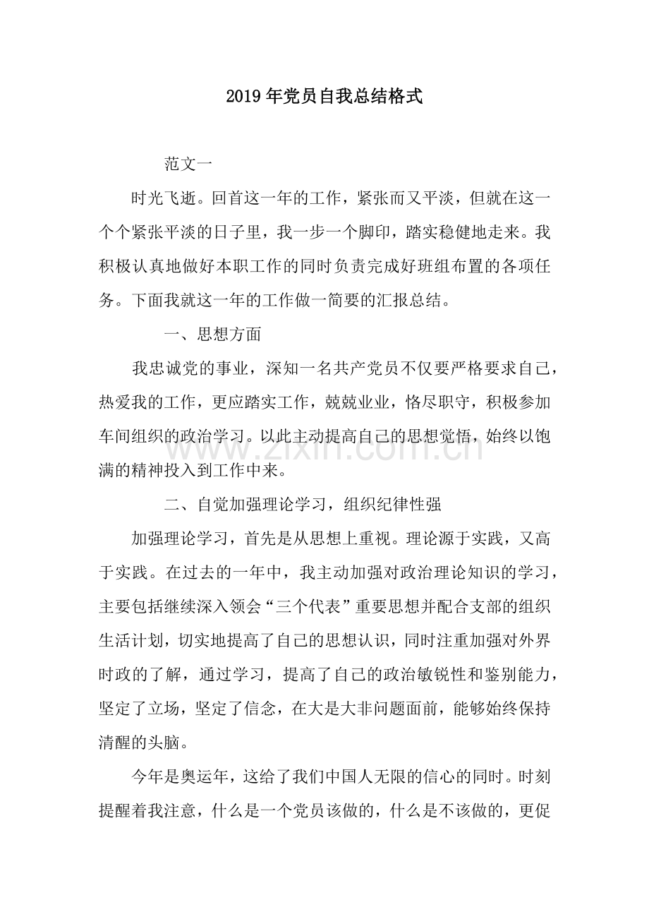 2019年党员自我总结格式.docx_第1页