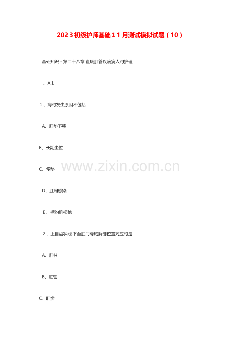 2023年护士考试初级护师基础测试模拟试题.docx_第1页