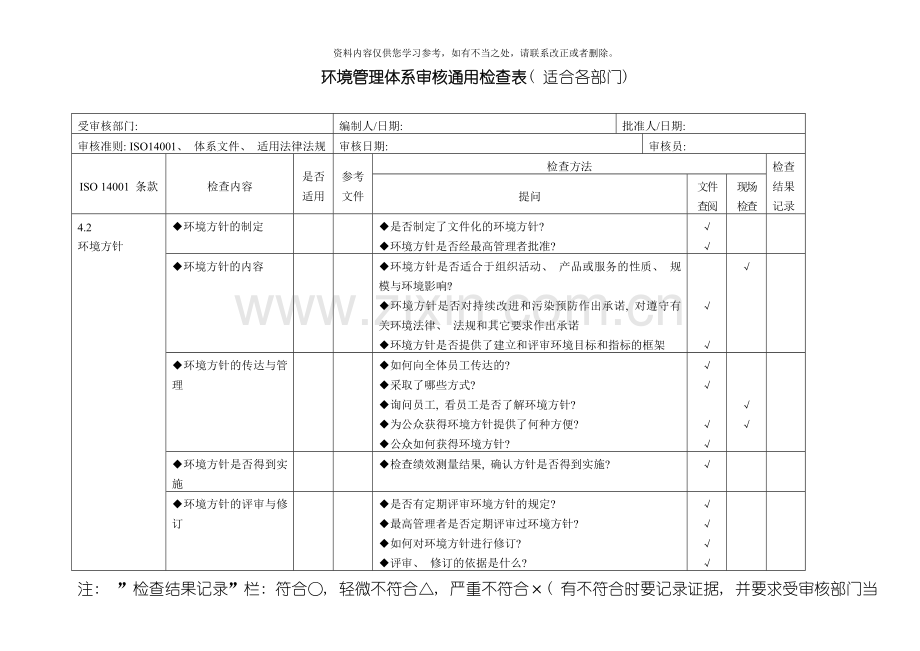 环境管理体系审核通用检查表适合各部门样本.doc_第1页