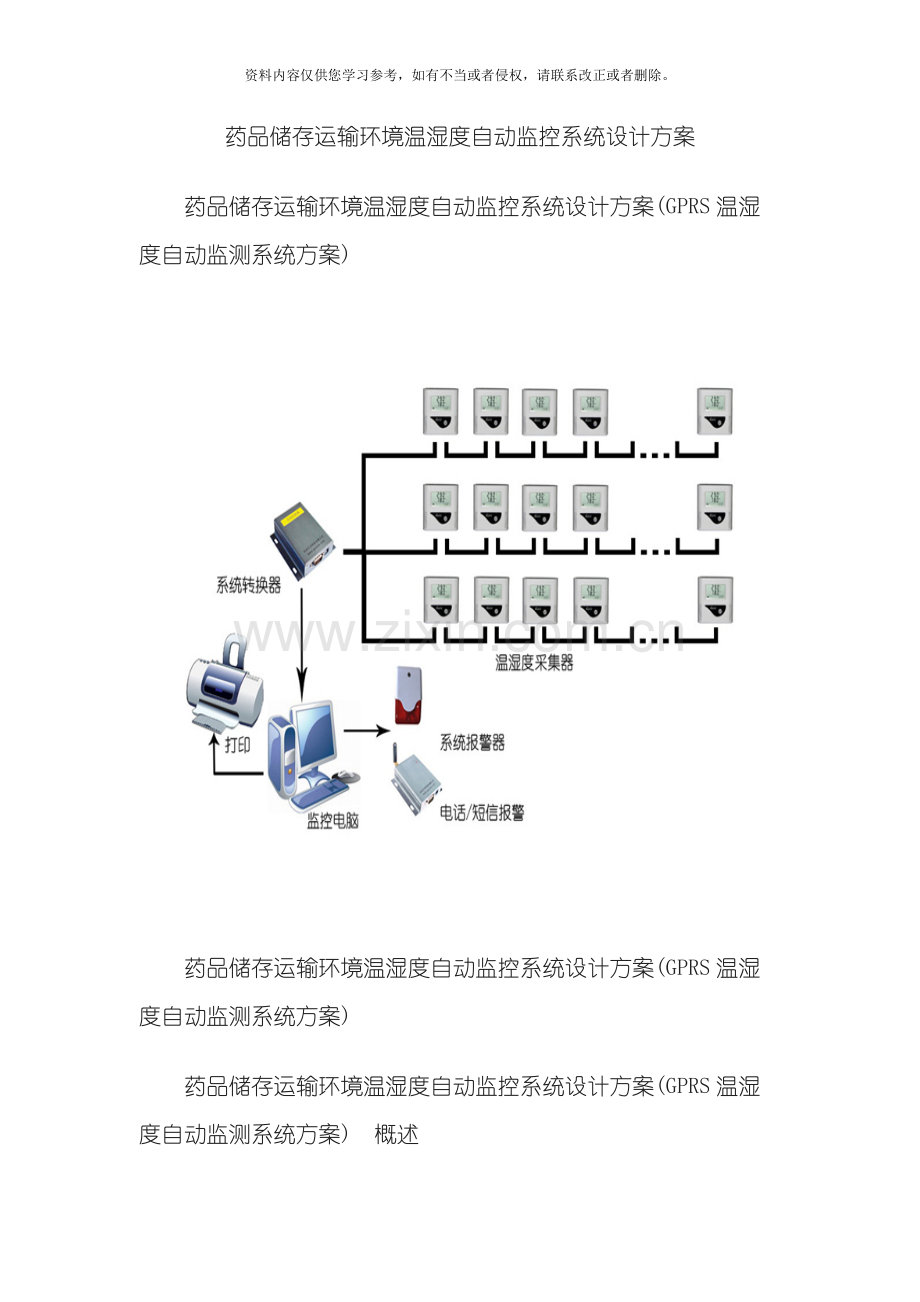 药品储存运输环境温湿度自动监控系统设计方案模板.docx_第1页