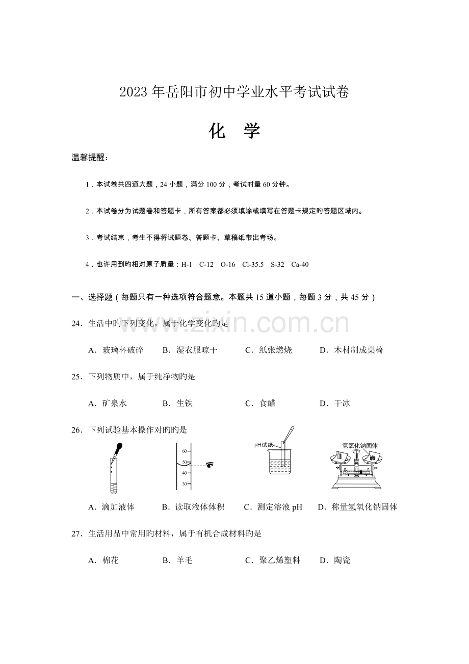 2023年岳阳市初中化学学业水平考试试卷.docx_第1页