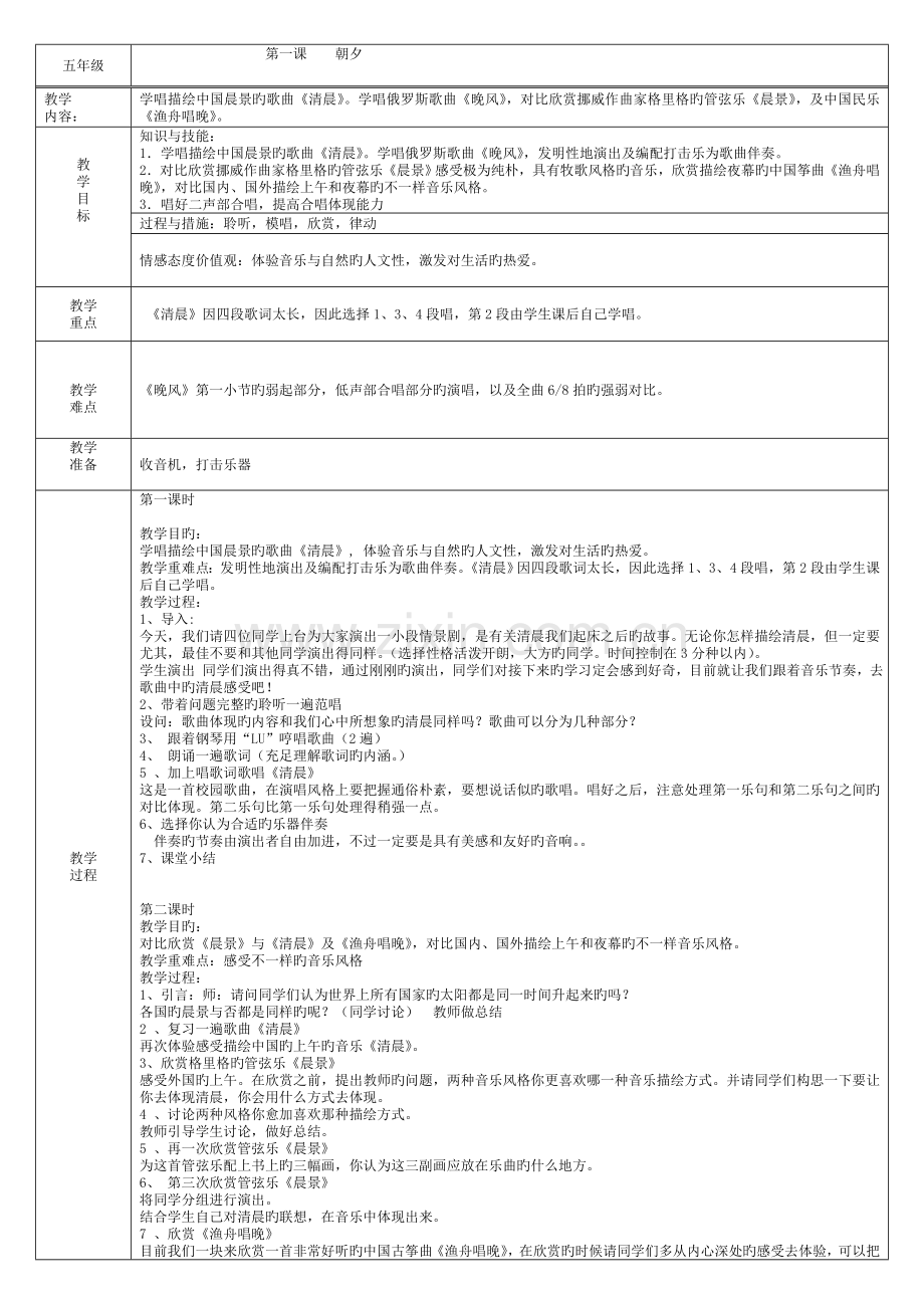 人音版小学五年级上册音乐教案.doc_第1页