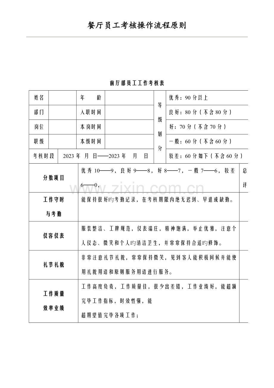 2023年餐饮服务员考核表.doc_第1页