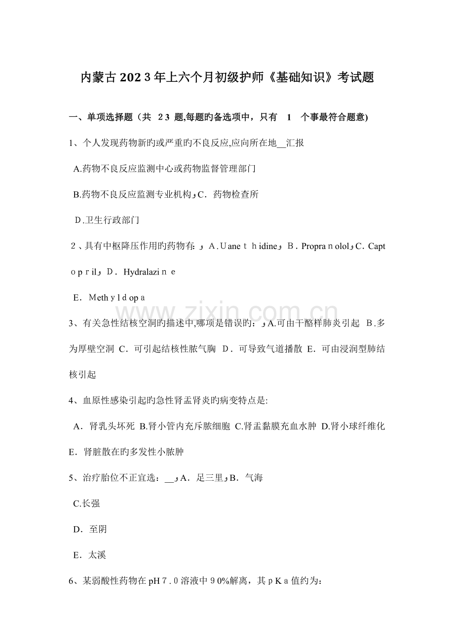 2023年内蒙古上半年初级护师基础知识考试题.docx_第1页