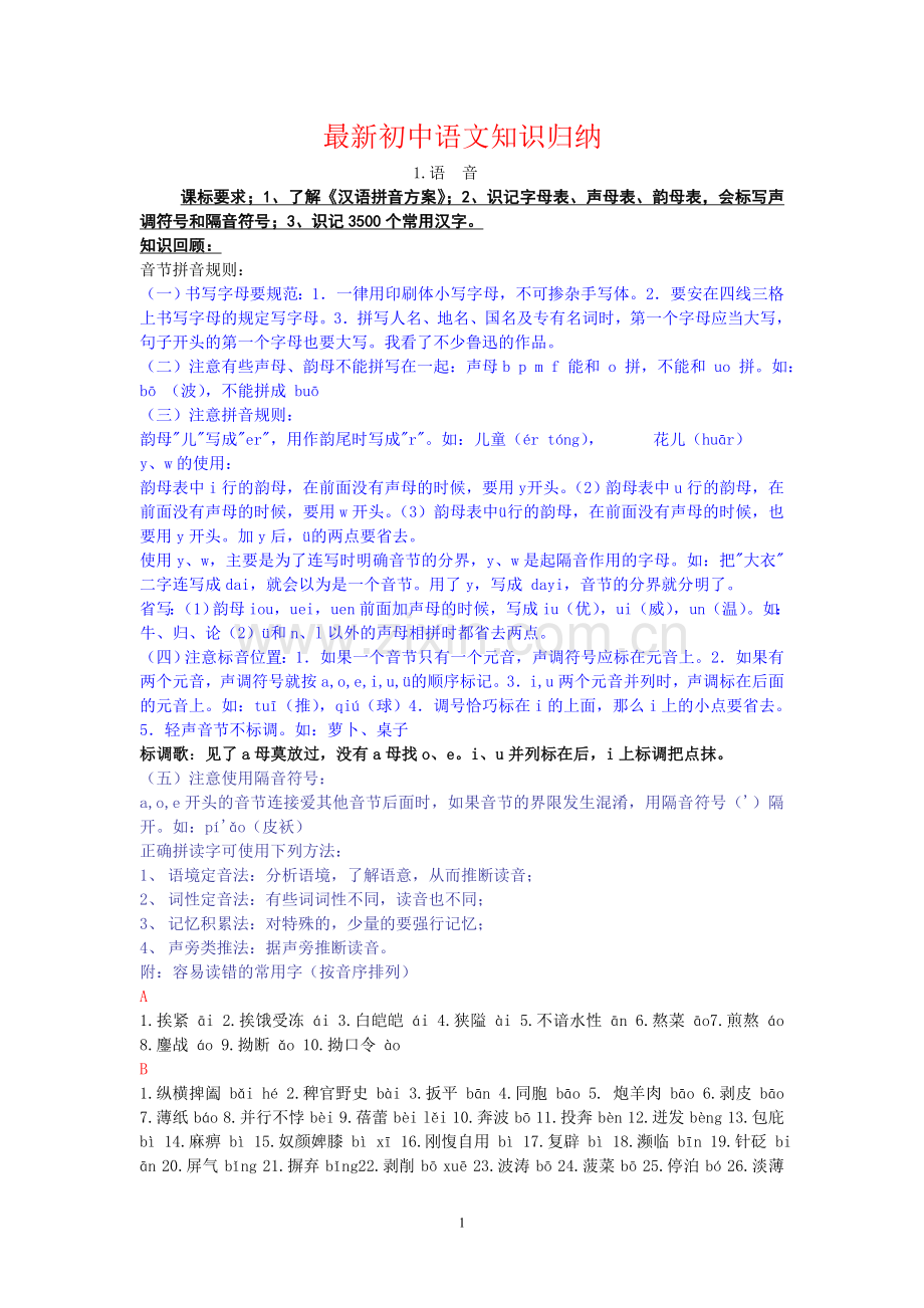 初中语文知识归纳中考复习语文基础知识归纳整理-共44页.doc_第1页