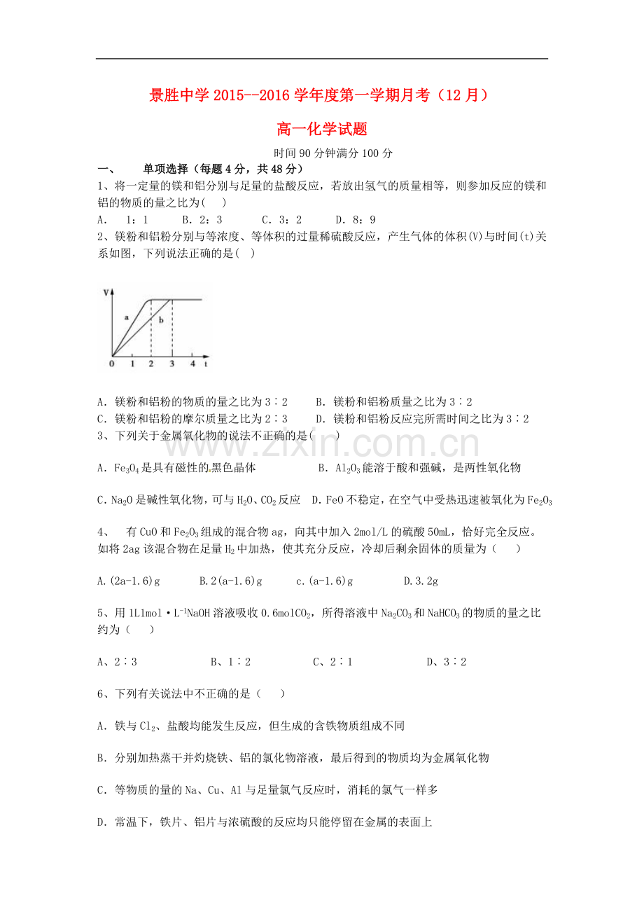 山西省运城市高一化学12月月考试题.doc_第1页