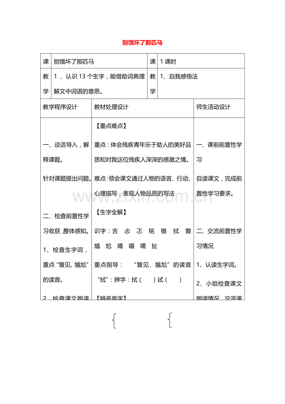 六年级语文上册教案：10别饿坏了那匹马(人教新课标)(1).doc_第1页