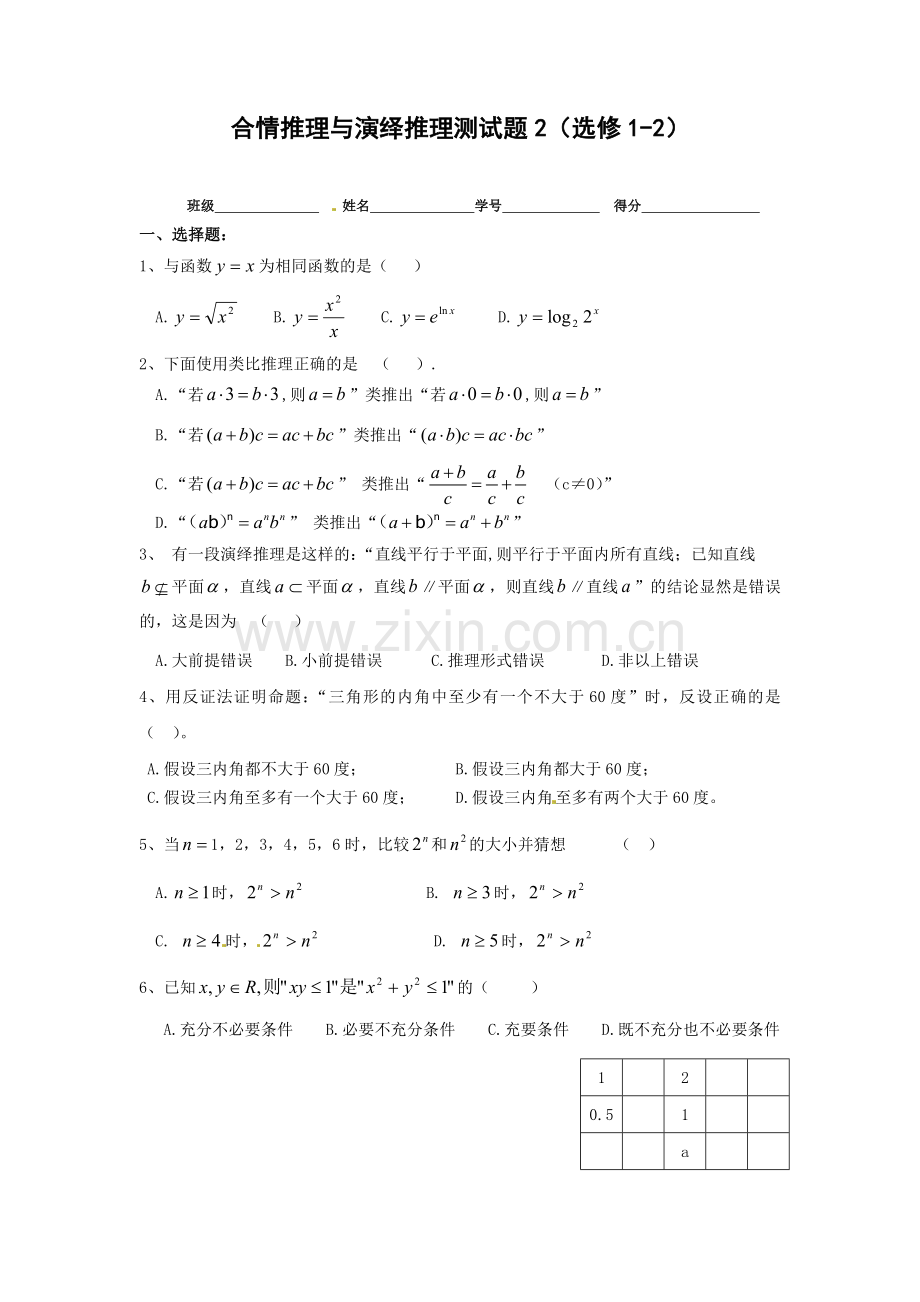 数学：2.1《合情推理与演绎推理》测试2(新人教A版选修1—2).doc_第1页