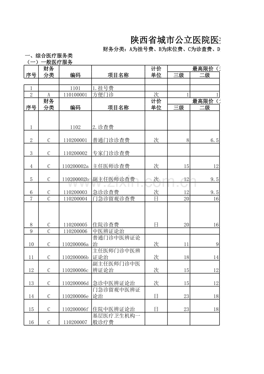 陕西省城市公立医院医疗服务项目价格(2017版).xls_第1页