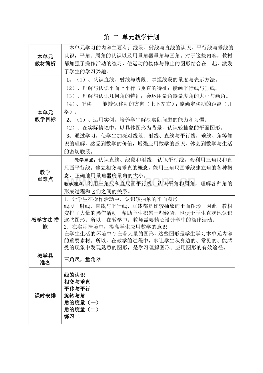 北师大版四年级上册数学单元计划.doc_第1页