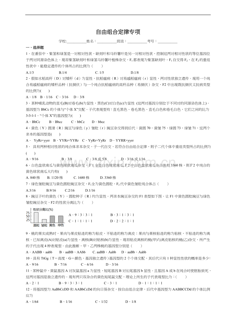 自由组合定律练习题集.doc_第1页