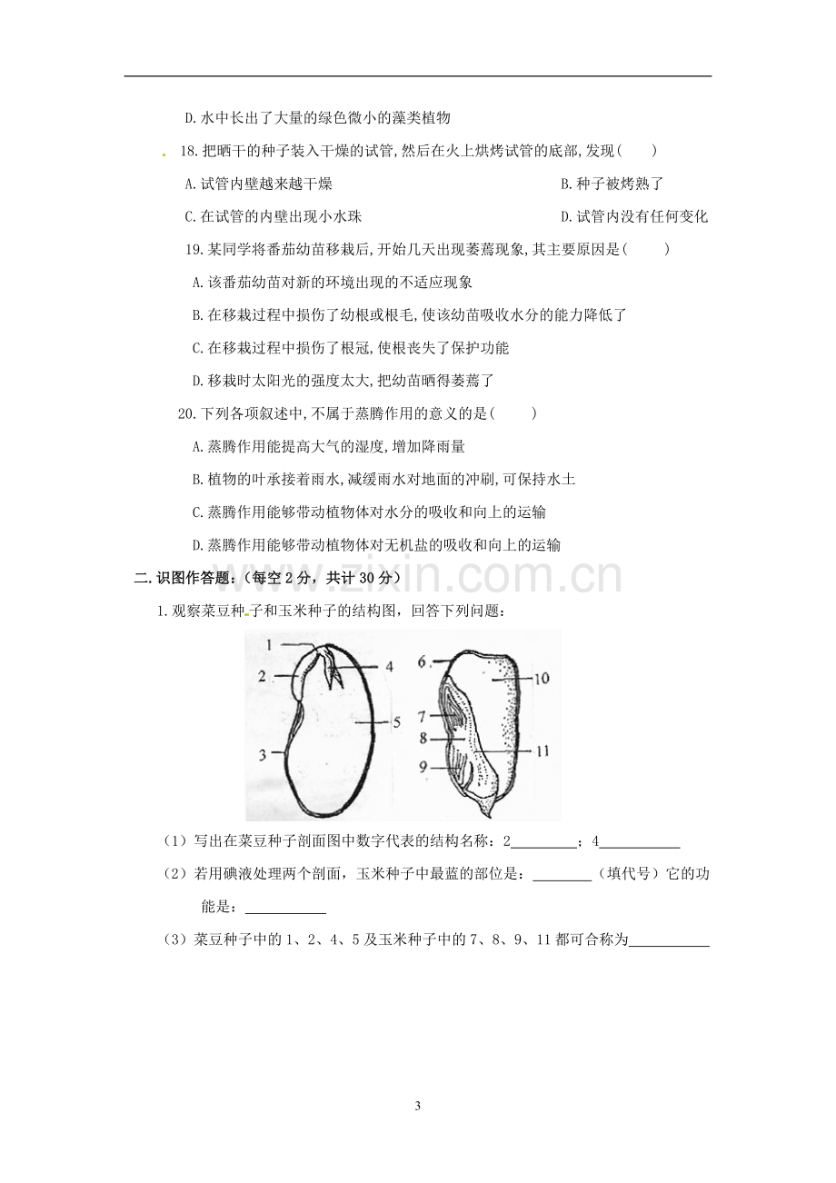 人教版七年级上期生物期末试卷及答案.doc_第3页