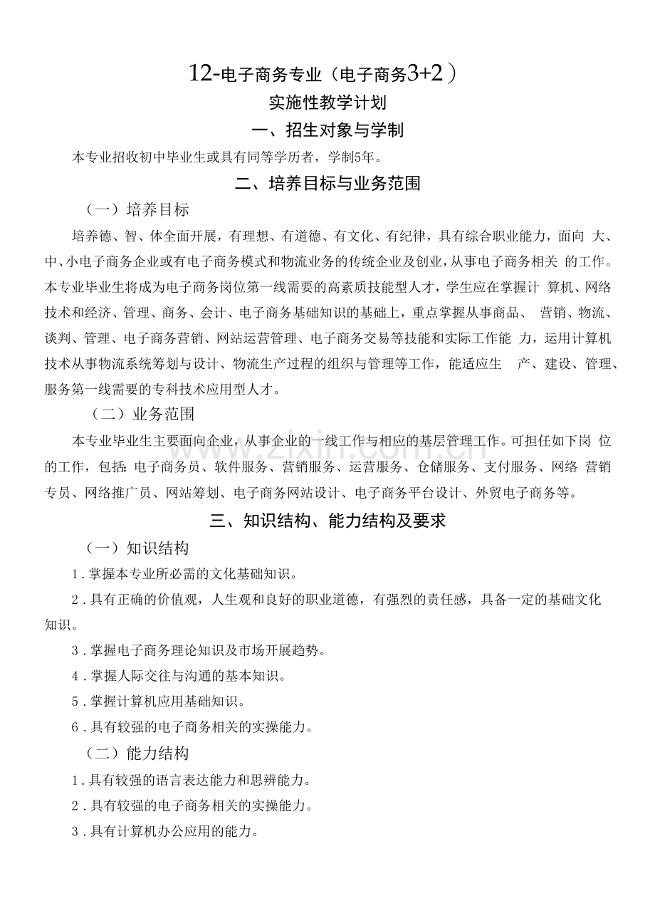 电子商务专业(电子商务3+2)实施性教学计划人才培养方案(中职).docx_第1页