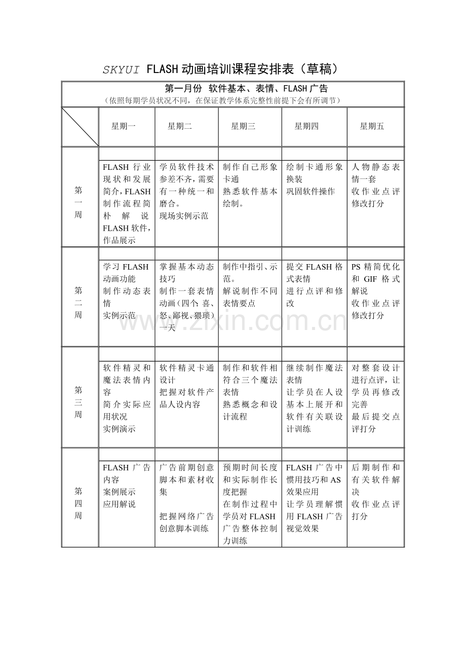 SKYUIFLASH动画培训课程安排表草稿样本.doc_第1页