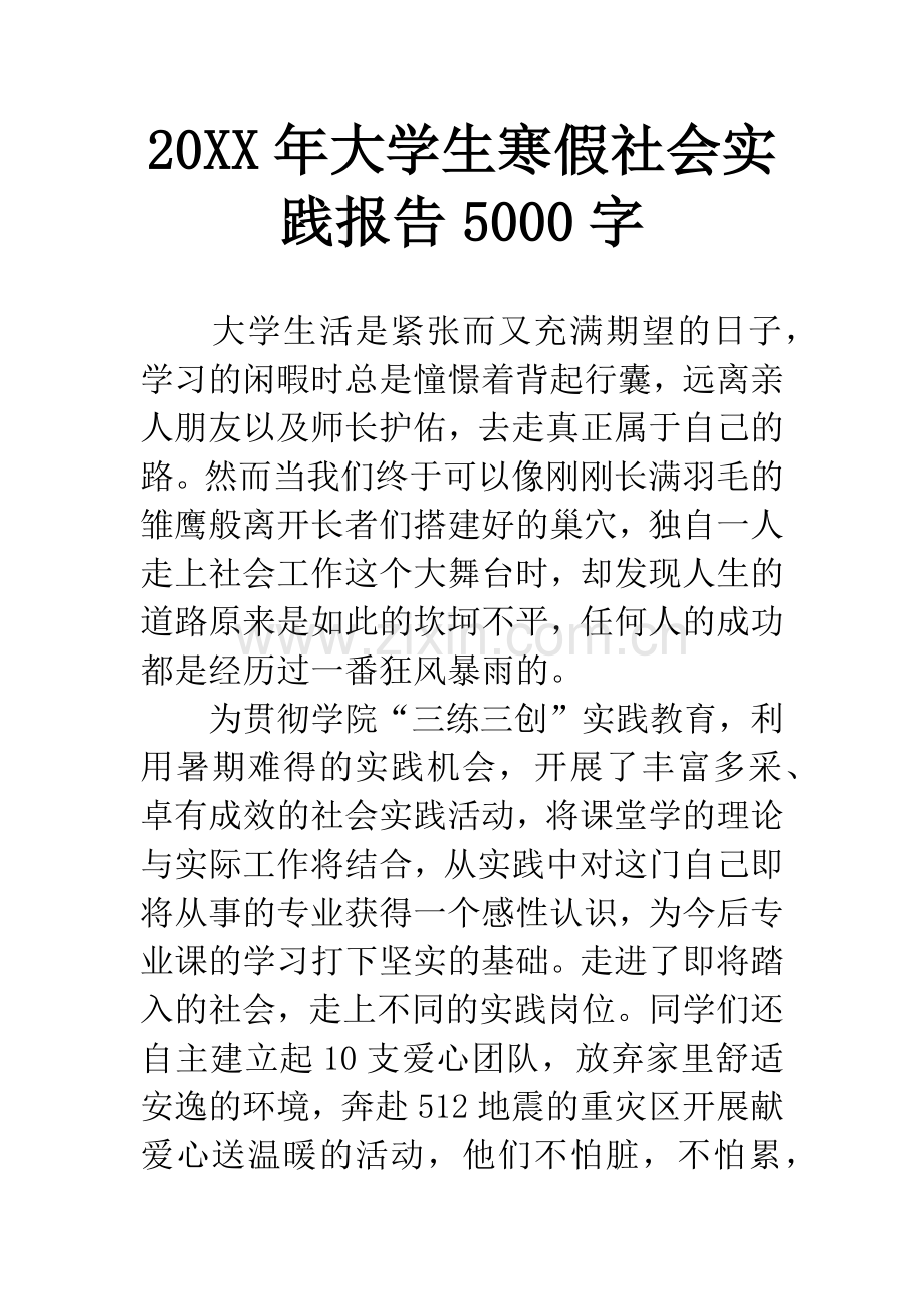 20XX年大学生寒假社会实践报告5000字.docx_第1页