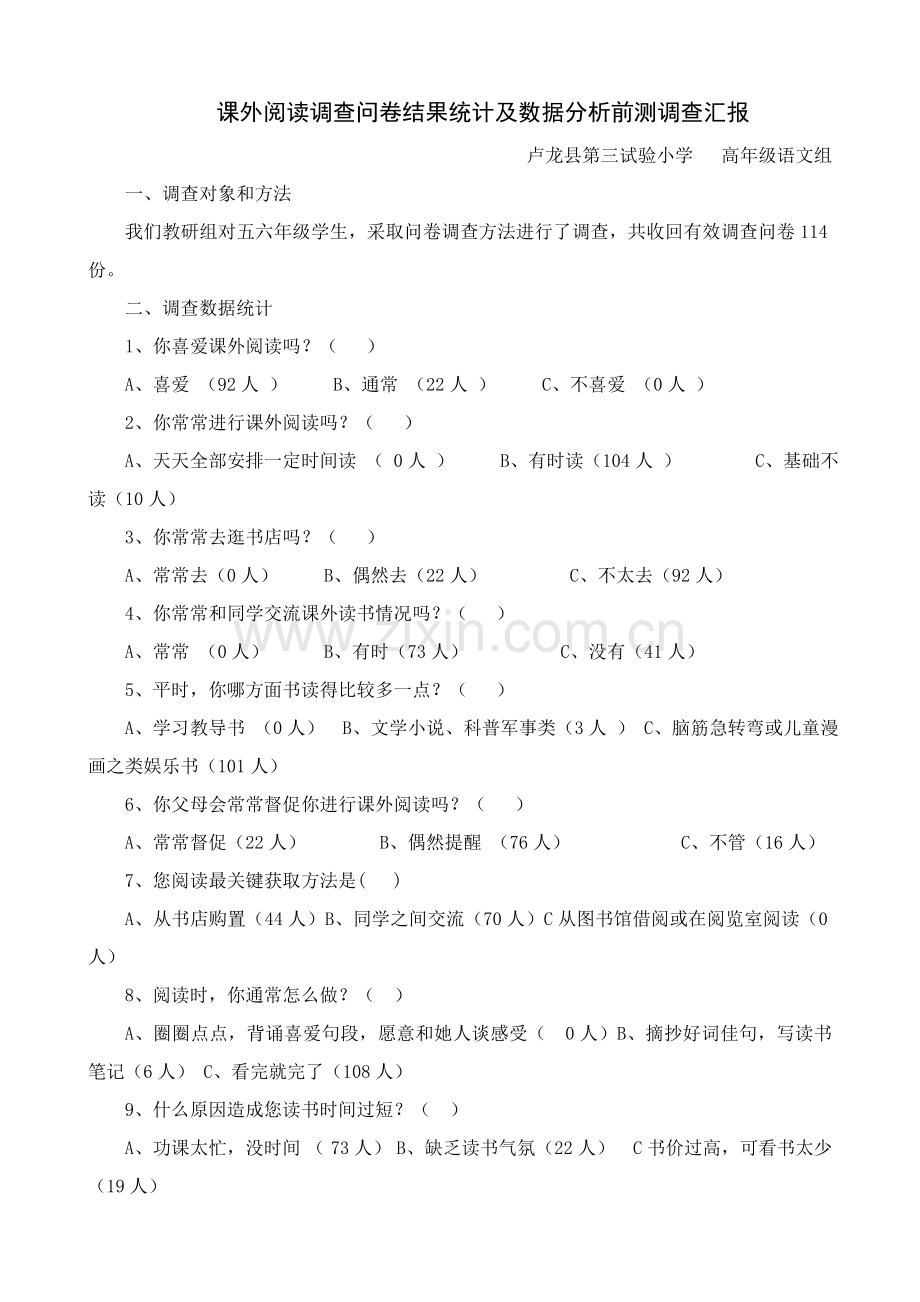 课外阅读调查问卷结果统计及数据分析前测调查研究报告.doc_第1页