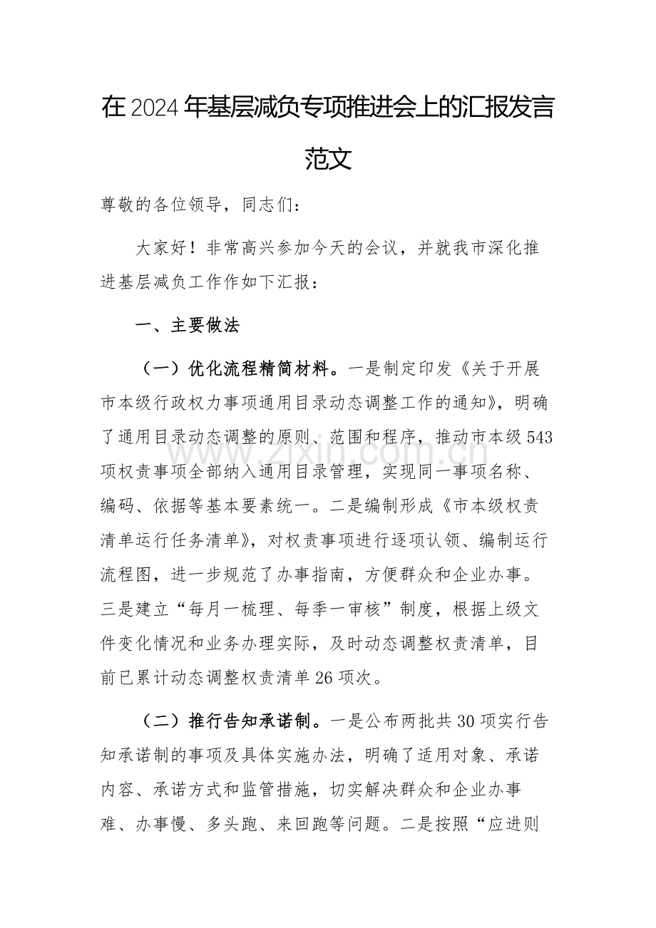 在2024年基层减负专项推进会上的汇报发言范文.docx_第1页