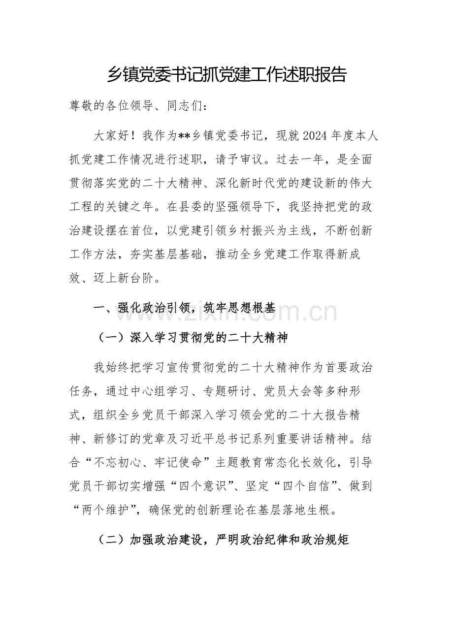 2024年党委书记抓党建工作述职发言稿范文.docx_第1页