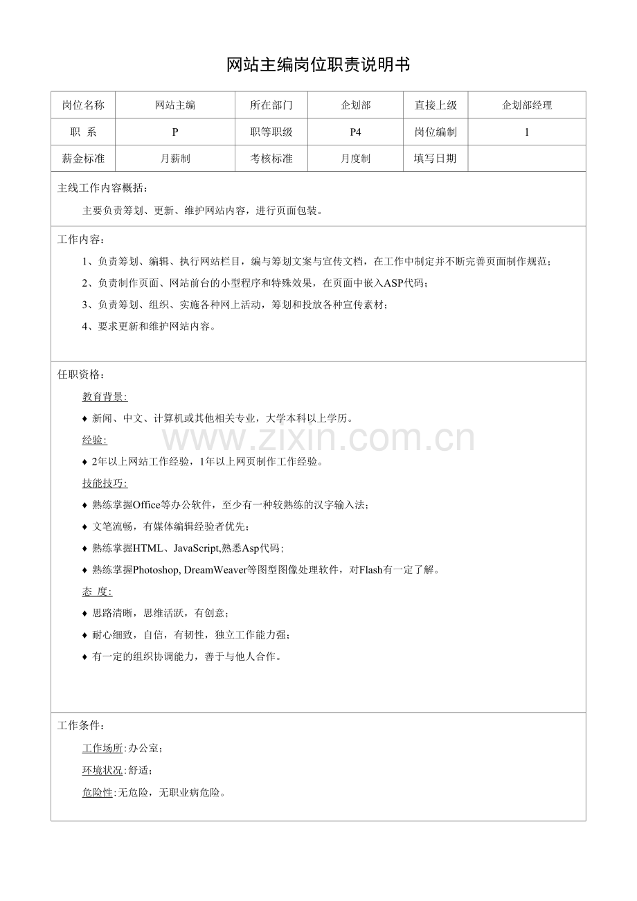 网站主编岗位职责说明书.docx_第1页