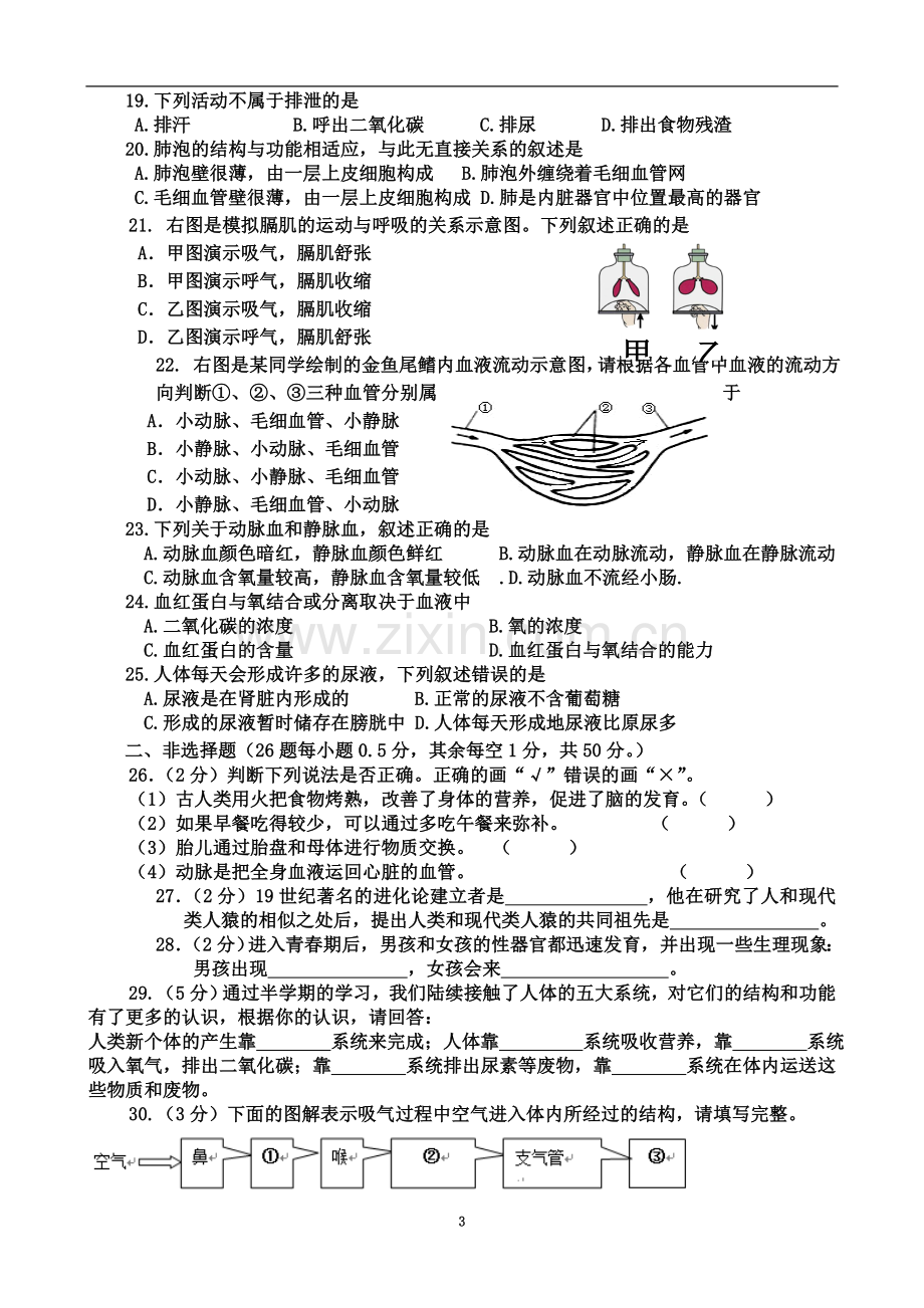 七年级下学期生物期中测试题.doc_第3页