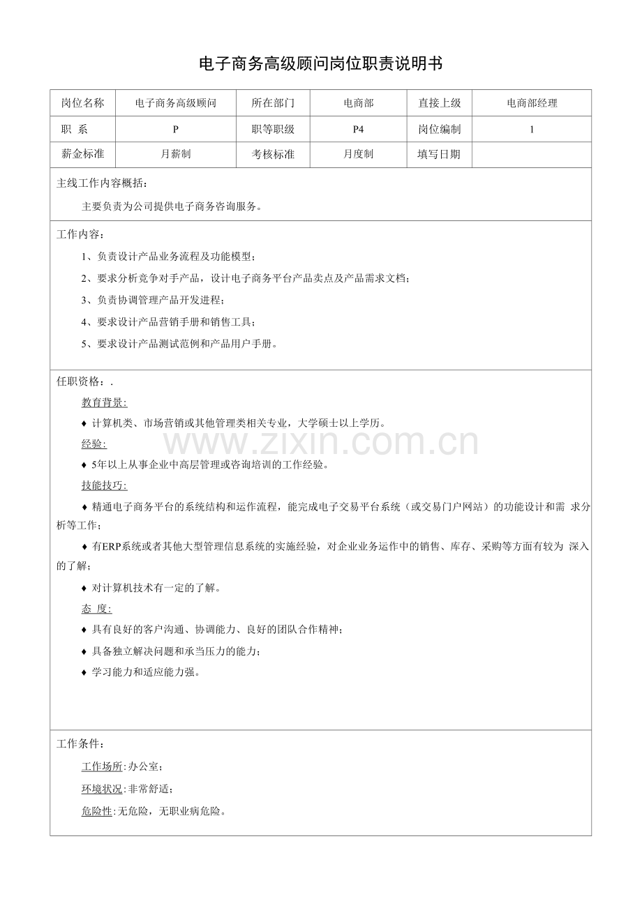 电子商务高级顾问岗位职责说明书.docx_第1页