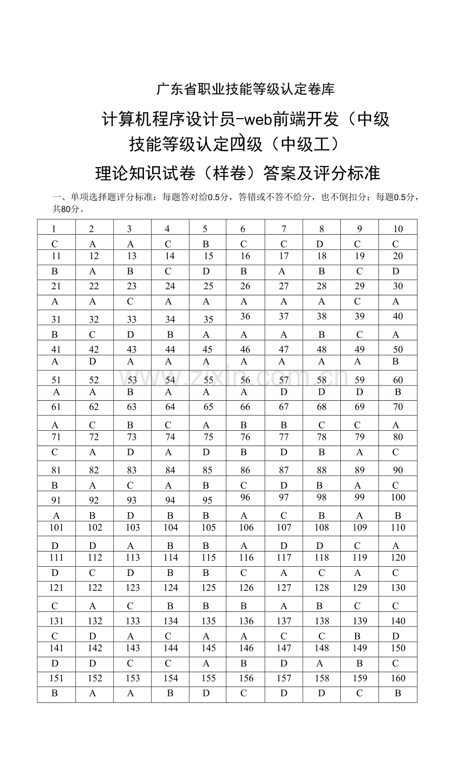 广东省职业技能等级认定证书试卷样题计算机程序设计员-web前端开发(中级)理论--答案.docx_第1页