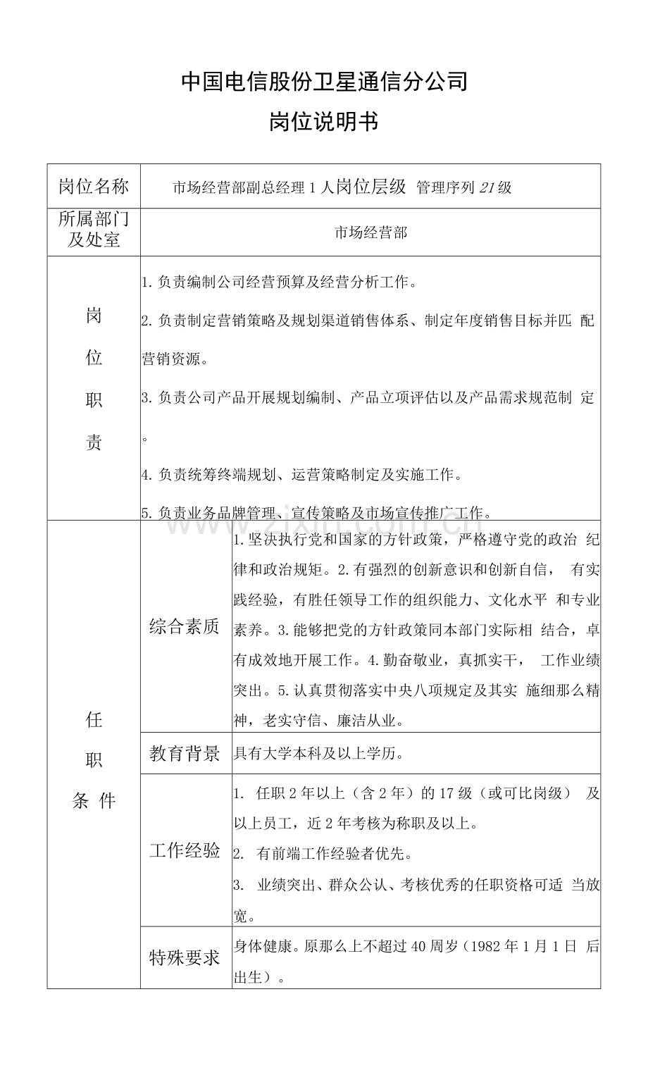 中国电信股份有限公司卫星通信分公司岗位说明书.docx_第1页