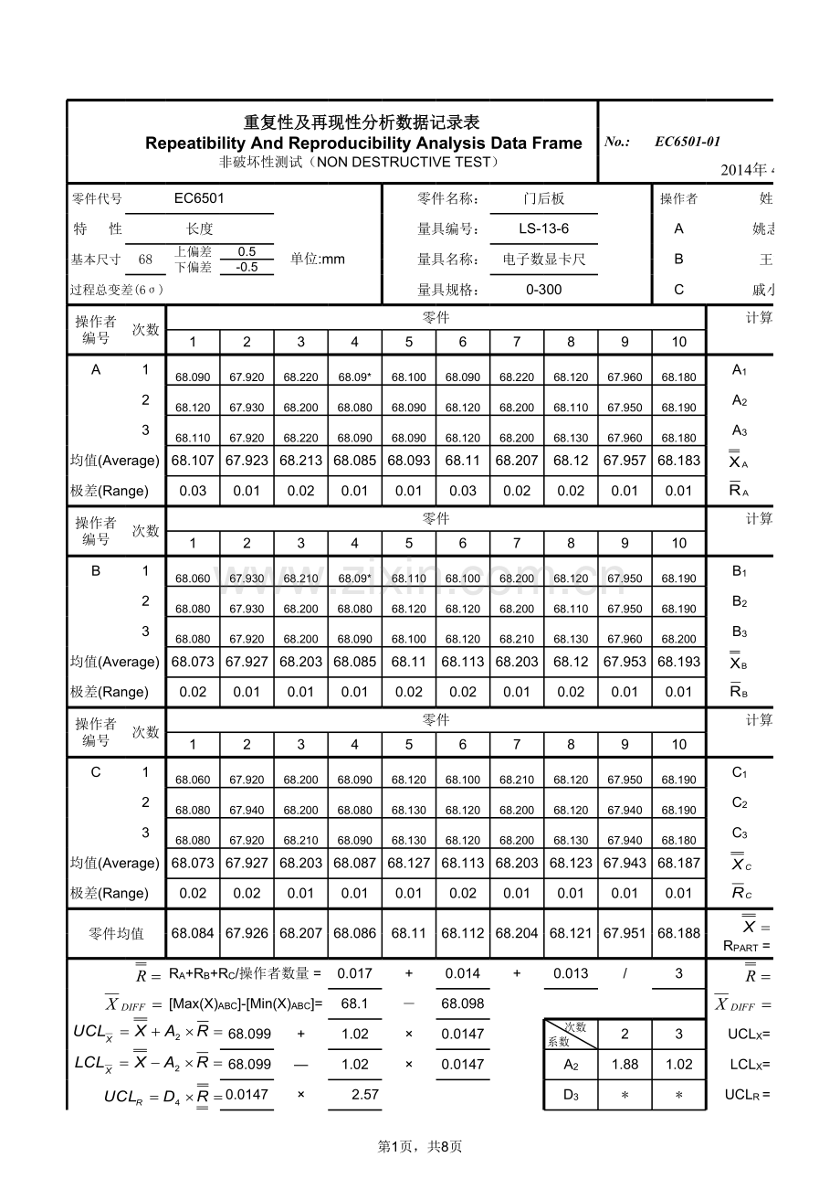 61-重复性及再现性分析数据记录表.xls_第1页