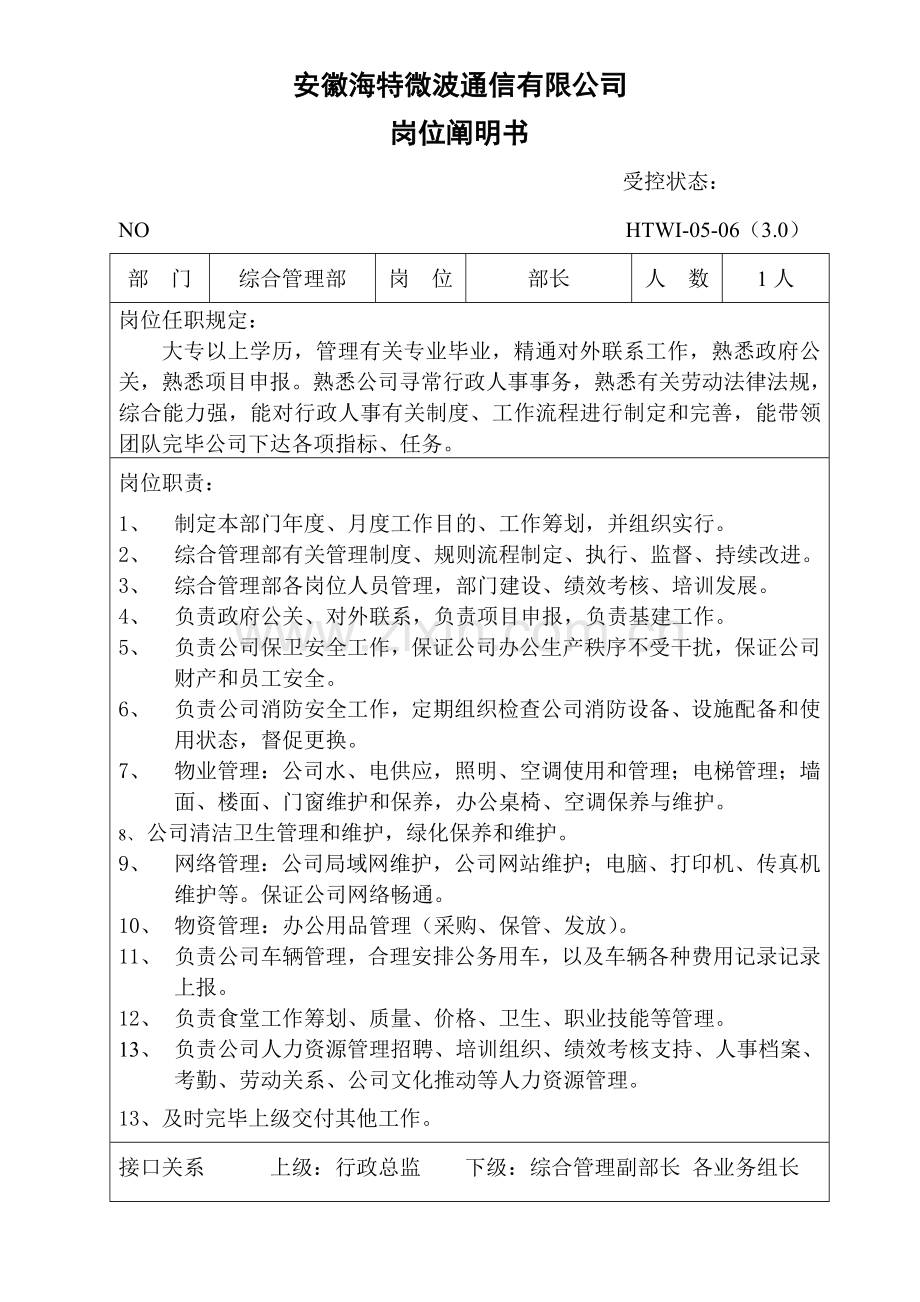 安徽通信有限公司综合管理部岗位职责样本.doc_第1页