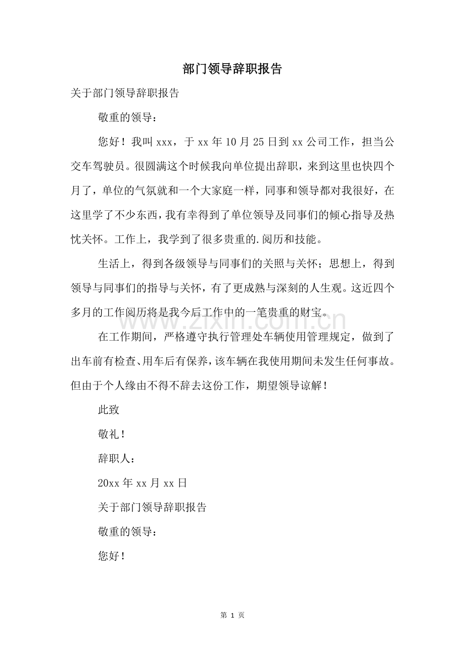 部门领导辞职报告.docx_第1页