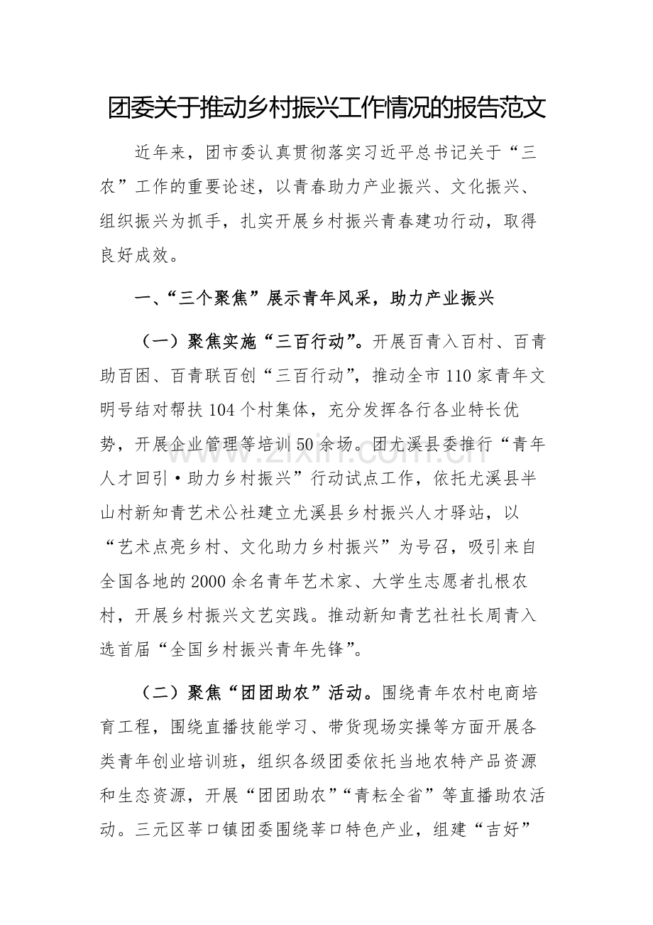 团委关于推动乡村振兴工作情况的报告范文.docx_第1页