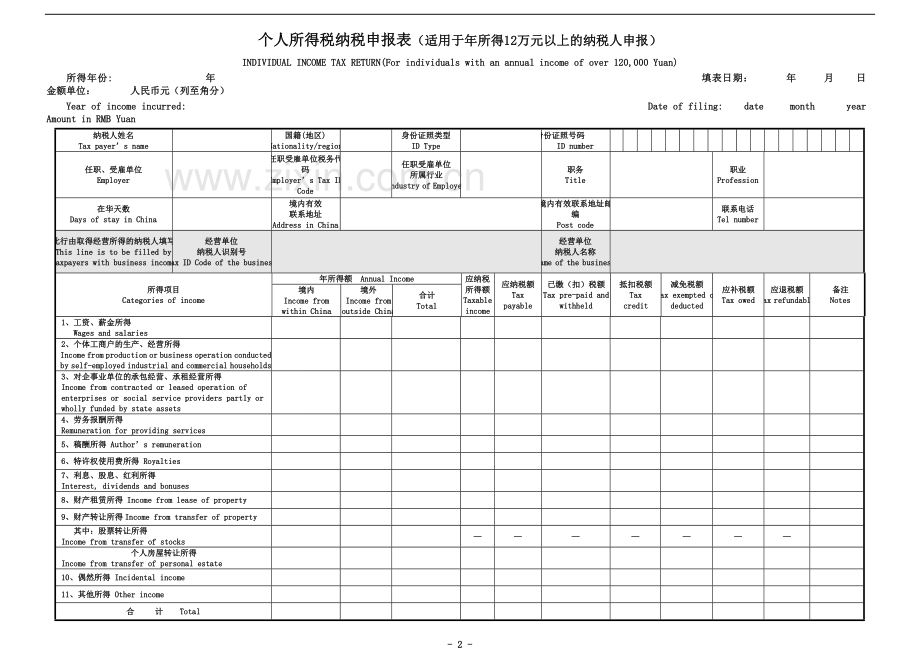 个人所得税纳税申报表(适用于12万以上申报)及填表说明.doc_第2页